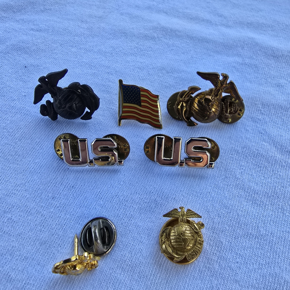 Small Lot (6) Of US Military Gold, Silver and Black US Marine Corps Lapel Pins